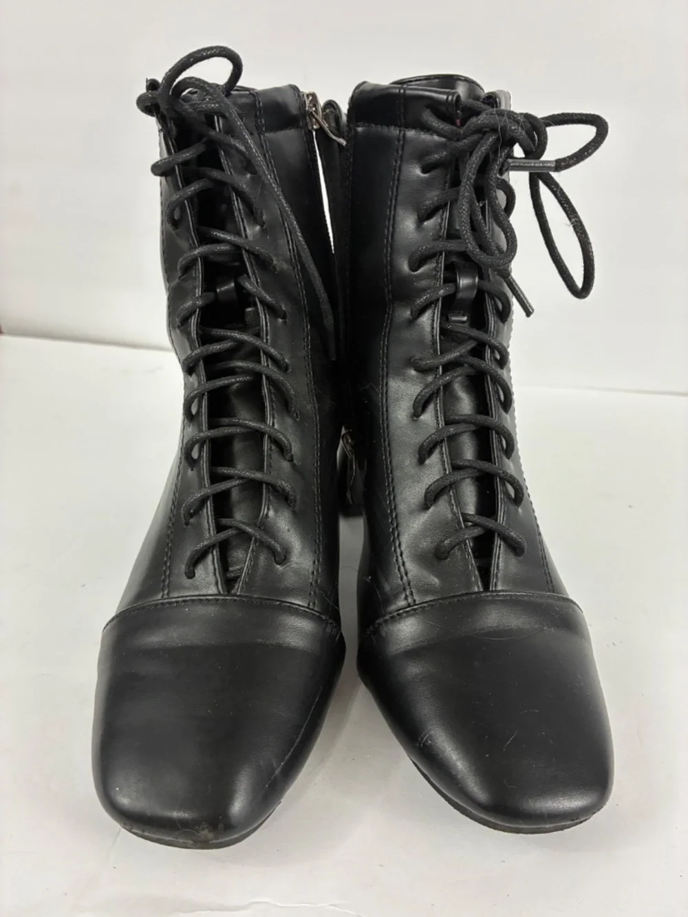 Witchy Lace-up Witch Boots Black Square Toe Fitted Ankle Smooth Vegan Leather